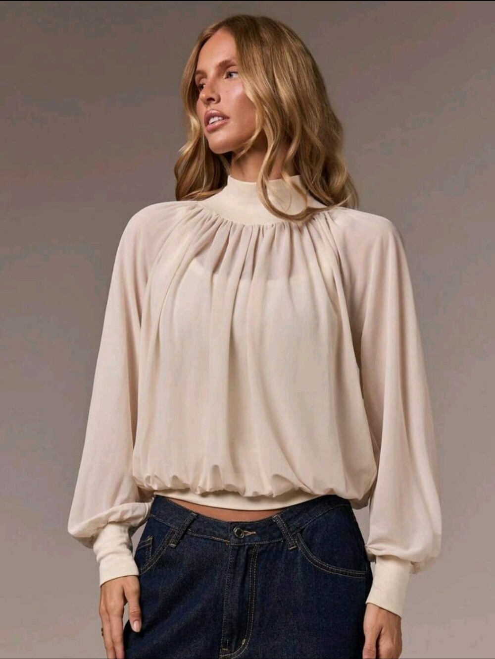 BRAND NEW ** Women's Cream High-Neck Pleated Blouson Top